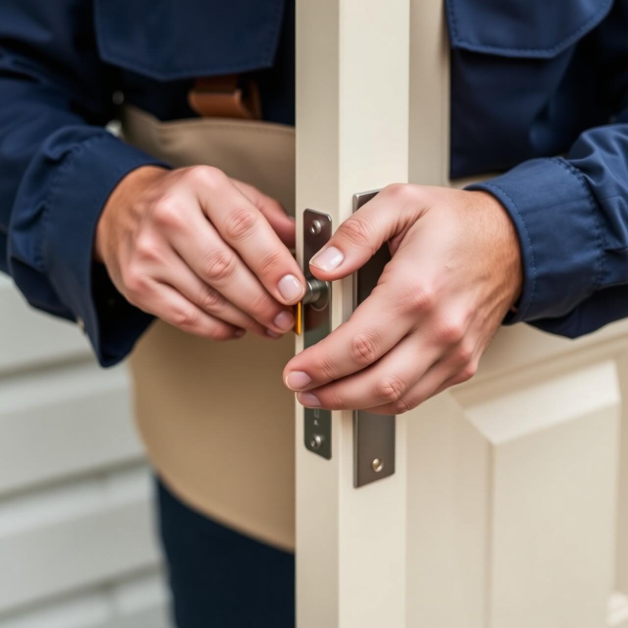 Contractor installing door lock